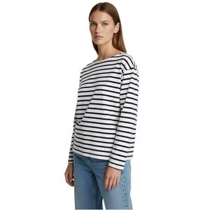 Zara Navy Blue White Breton Striped Long Sleeve Boatneck Top Women’s Size Medium